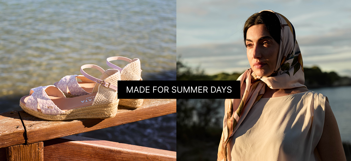Split image featuring floral espadrille sandals with jute soles placed by the water beside a woman in a neutral outfit and patterned headscarf, with the text “Sandals Edit.”