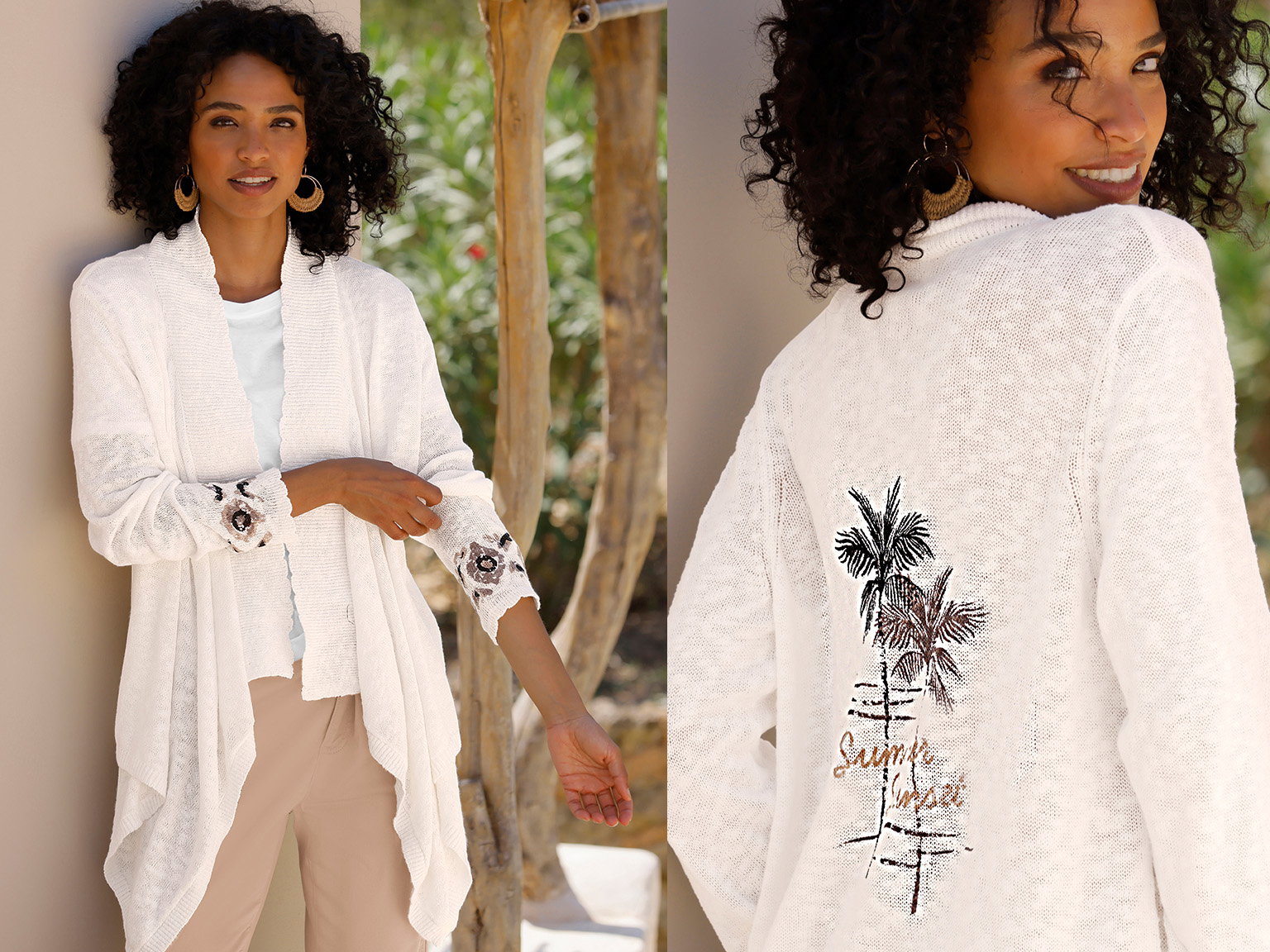 Ein Model trägt eine weiße Strickjacke mit Palmen-Stickerei am Rücken und Schriftzug 'Summer Spirit', dazu helle Hose und Shirt.
