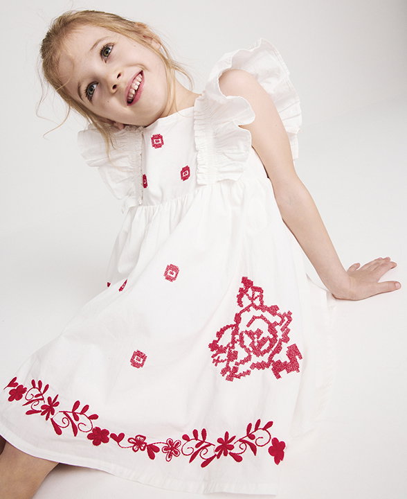 Ecru Mix Pure Cotton Embroidered Ruffle Sleeve Dress