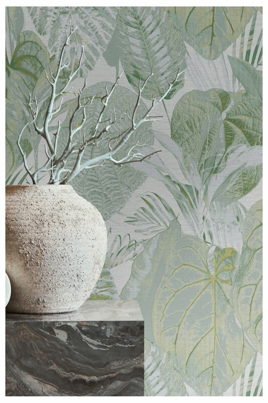 Famous Garden Tropical Leaves Vinyl Wallpaper Green/Grey/Gold AS Creation 39355-4