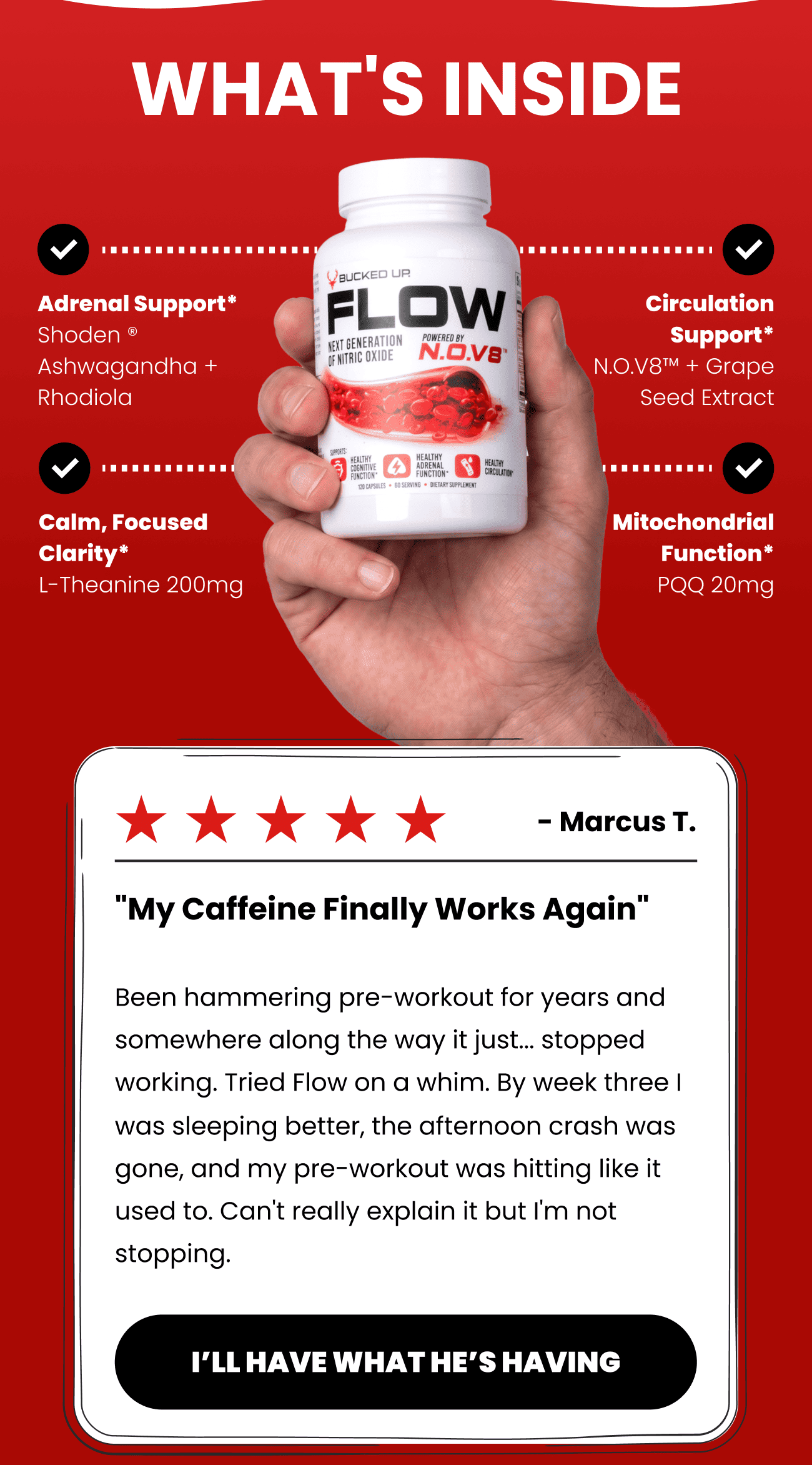 Bucked Up FLOW ingredients: Ashwagandha, Rhodiola, L-Theanine 200mg, N.OV8, Grape Seed Extract, PQQ 20mg — 5-star review from Marcus T.