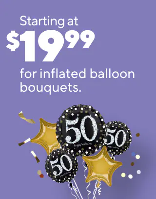 Epic parties start here
$10 off your party supplies purchase of $50 or more
Buy 2, get 1 FREE select foil balloons
Starting at $19.99 for inflated balloon bouquets
40% off custom cards, photo gifts, banners, posters & yard signs