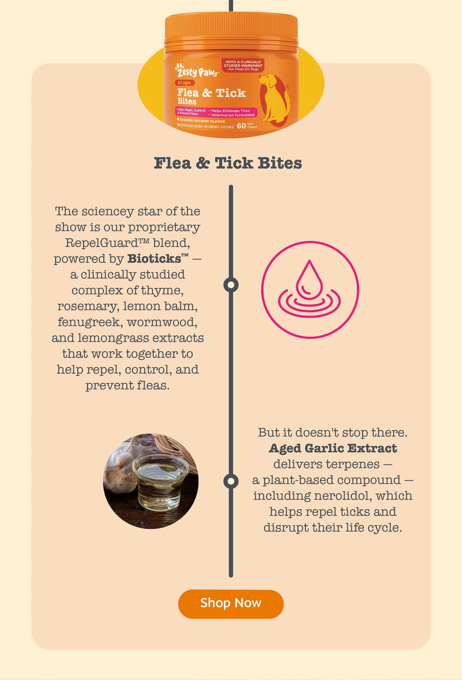 Flea & Tick Bites: The sciencey star of the show is our proprietary RepelGuard blend, powered by Bioticks, a clinically studied complex of thyme, rosemary, lemon balm, fenugreek, wormwood, and lemongrass extracts that work together to help repel, control, and prevent fleas. Shop now!
