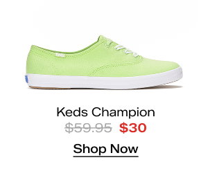 A side view of the Keds Champion Canvas Lace-Up in light lime green. The style was $59.95 and is now $30. Shop Now.