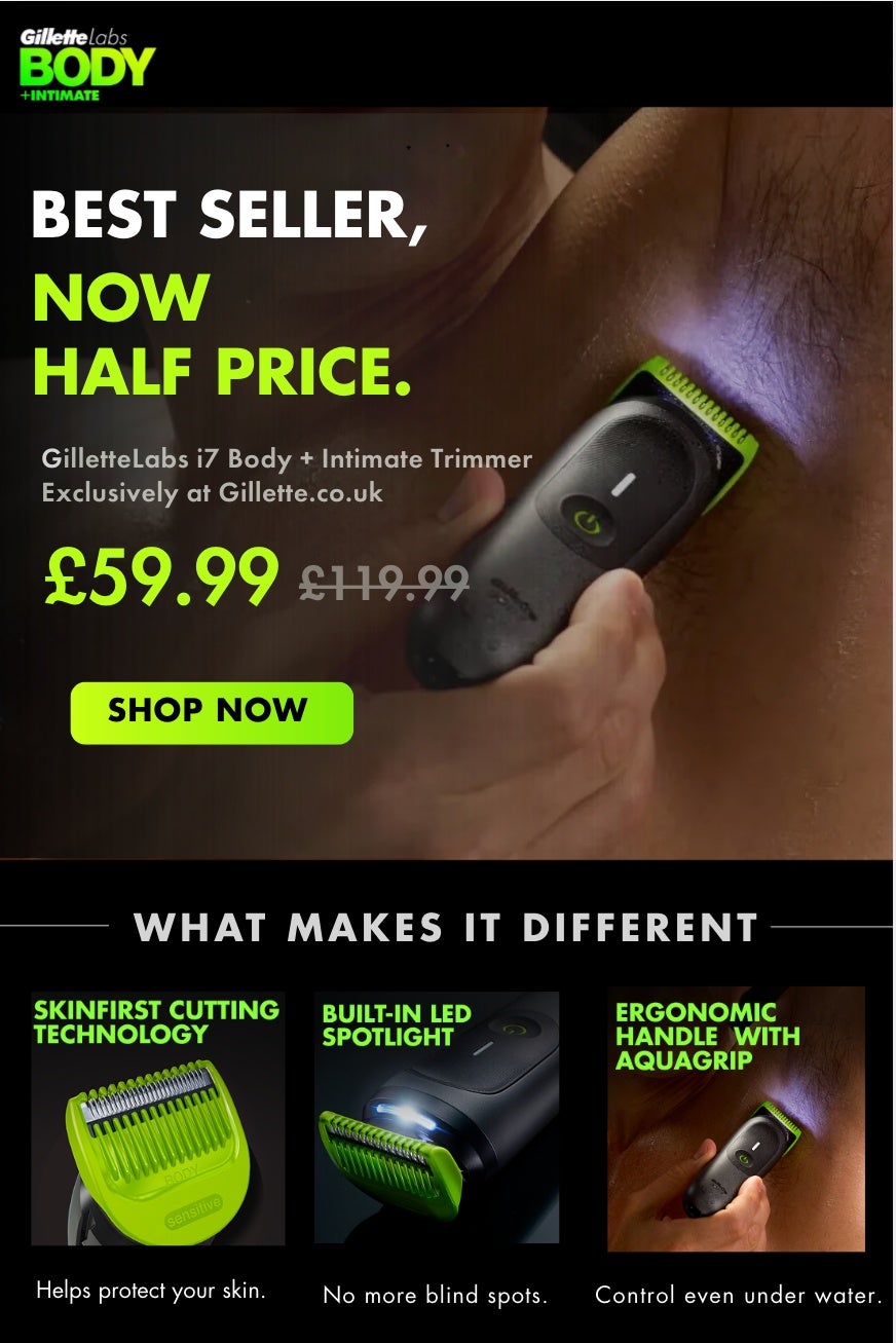 BEST SELLER NOW HALF PRICE. GILLETTE LABS I7 BODY INITMATE TRIMMER NOW AT £59,99