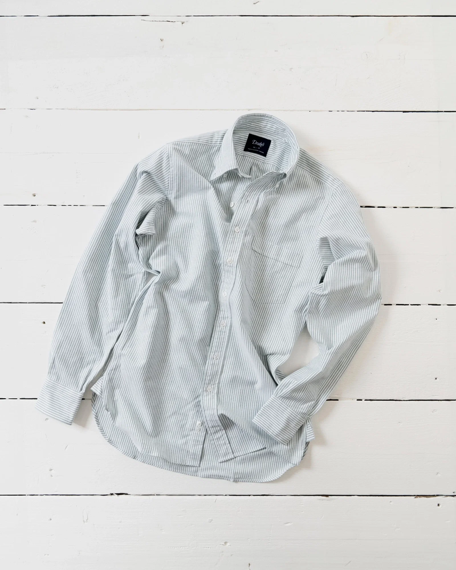 Image of Blue Ticking Stripe Cotton Oxford Cloth Button-Down Shirt