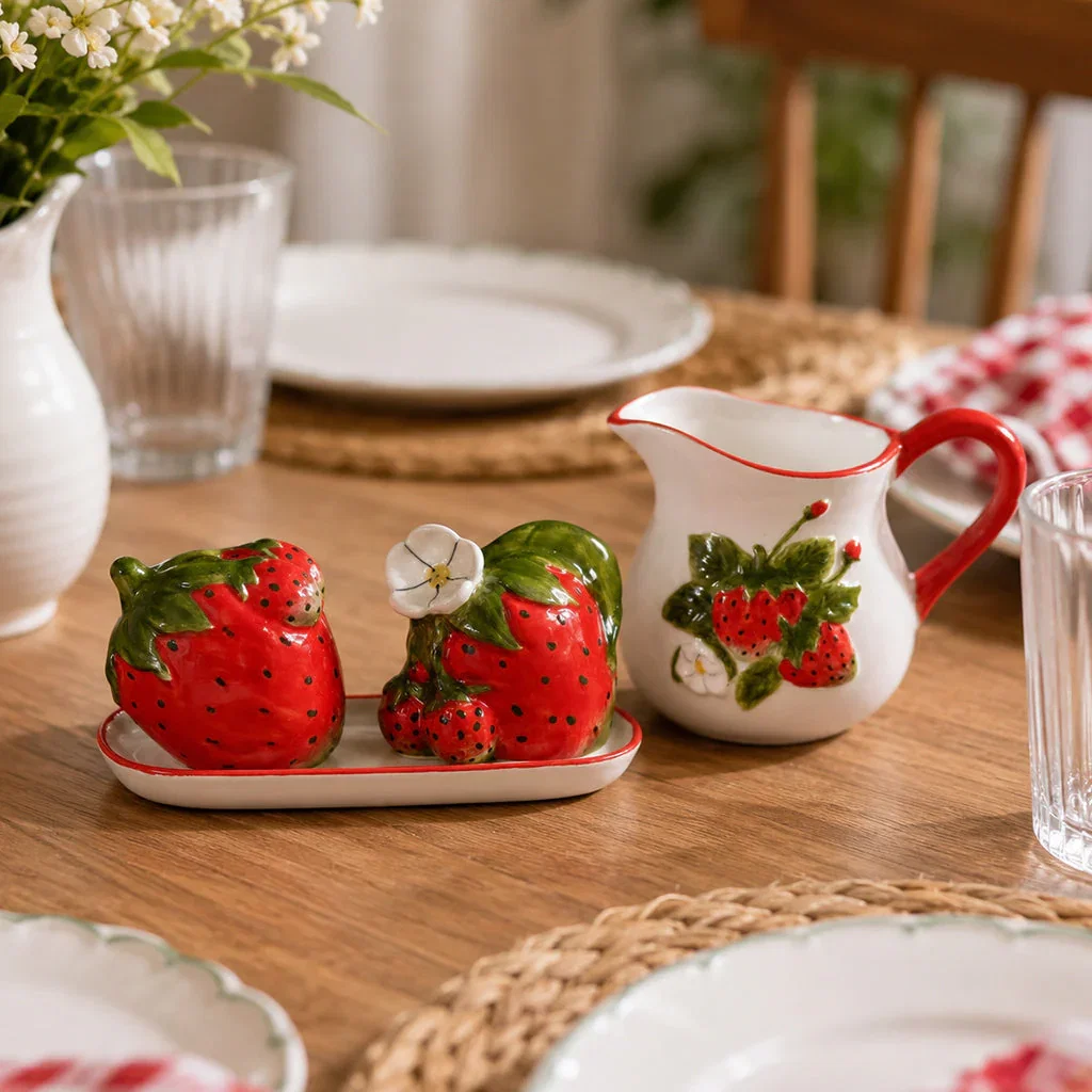 Strawberry-shaped ceramic tableware set with pitcher and salt/pepper shakers on wooden table.