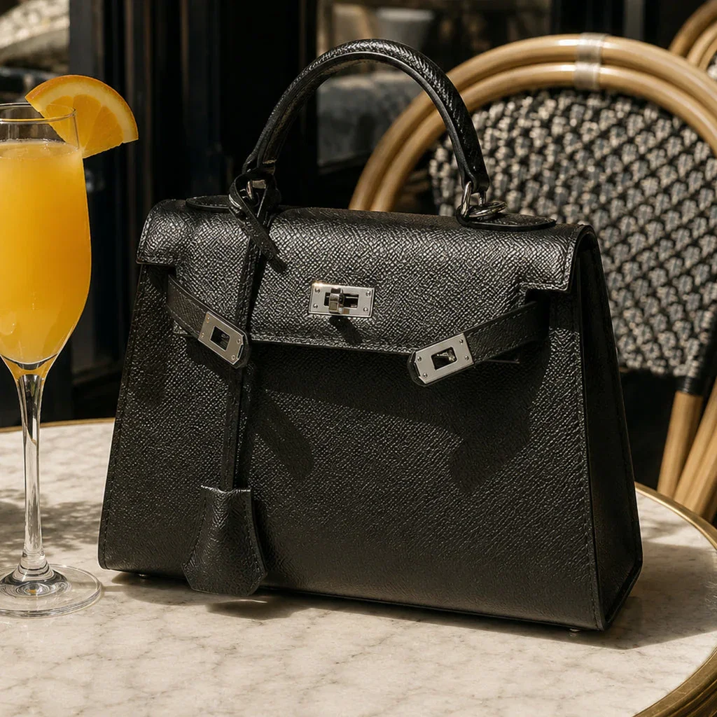 Black leather Cilela handbag with silver hardware displayed on marble table beside cocktail and wicker chair.