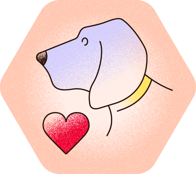 Illustration eines Hundekopfes mit rotem Herz – Symbol für Tiergesundheit und Haustierprodukte.
