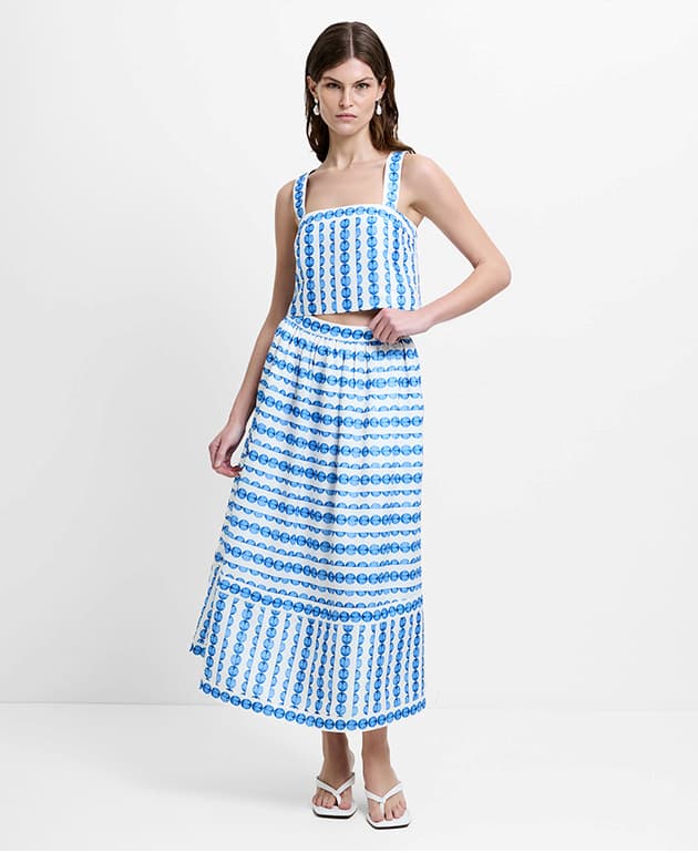 Structured Taffeta Shell Print Midi Skirt