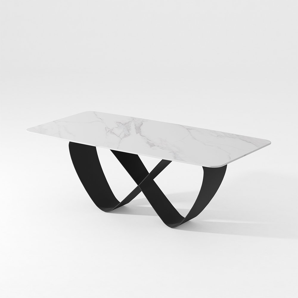 Image of Modern White Dining Table, with Sintered Stone Tabletop, Butterfly Shape Carbon Steel Legs for Dining Room