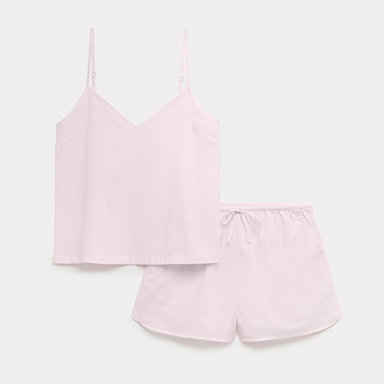 Woven Striped Cami Shortie Pyjama Set in Pink Mix