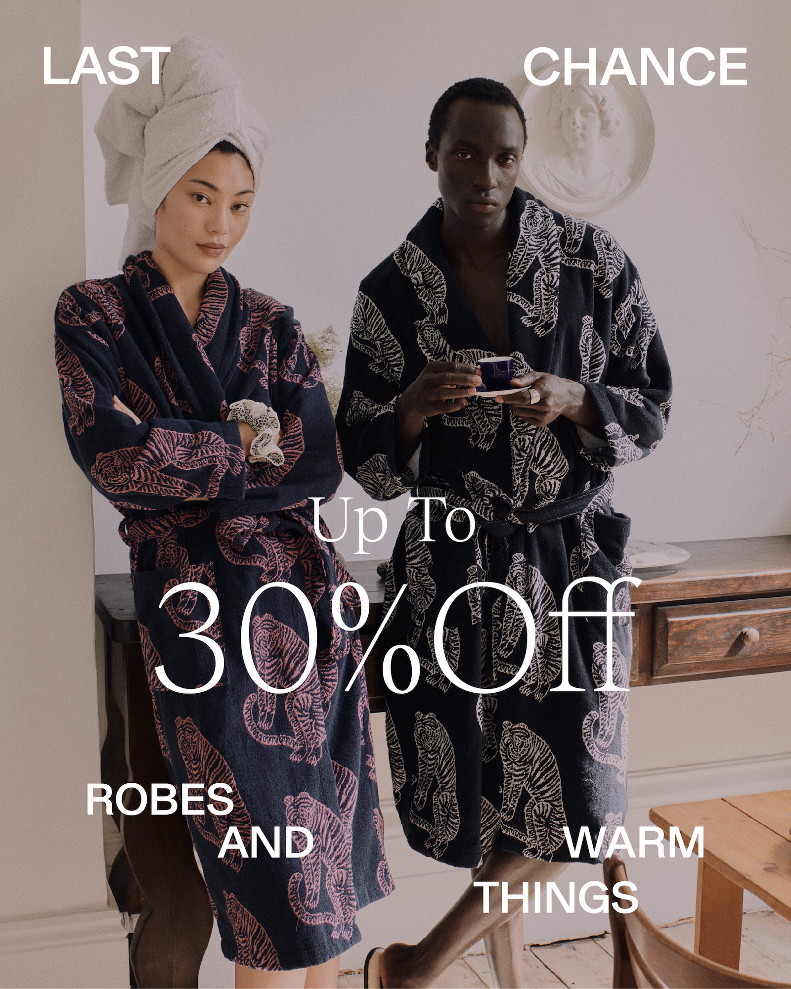 Hero image - Up to 30% off robes and warm things