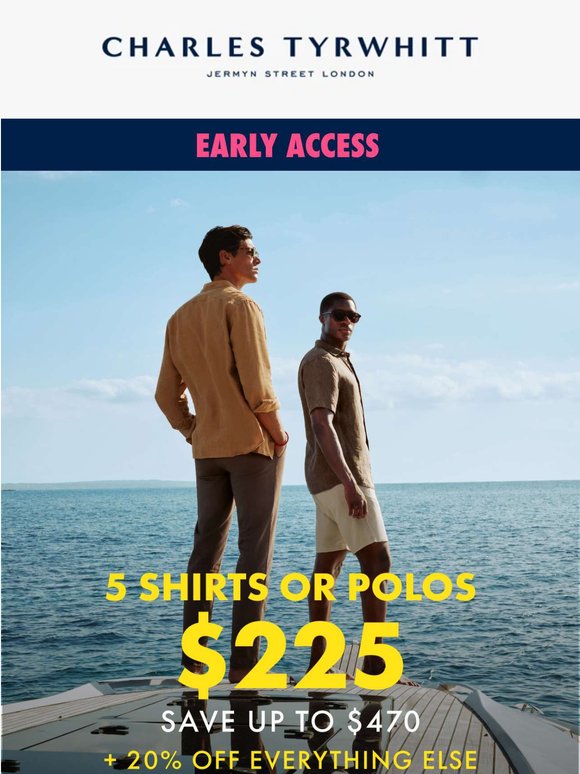 5 Shirts for $225 + 20% OFF Everything Else!
