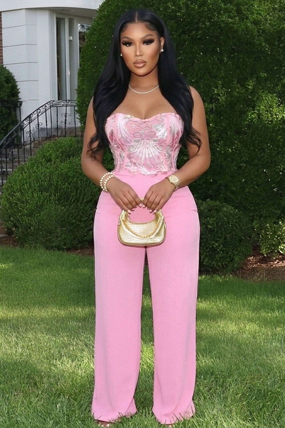 Strapless Back Lace Up Straight Leg Slim Fit Casual Jumpsuit-Pink [Pre Order]