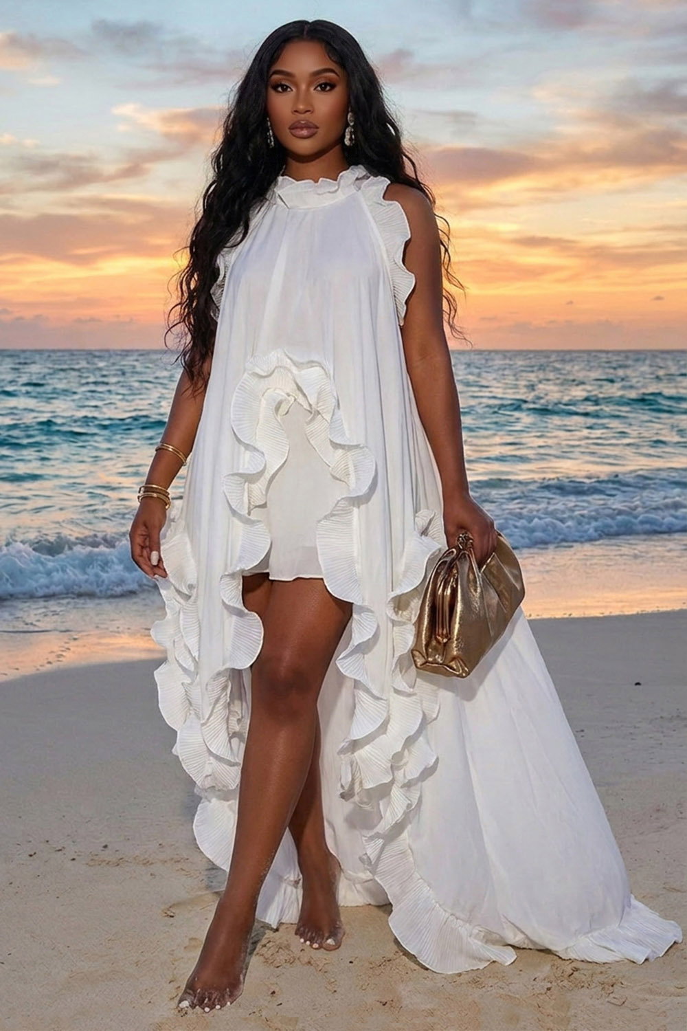 Mock Neck Sleeveless Ruffle Loose Fit Vacation Maxi Dresses-White [Pre Order]