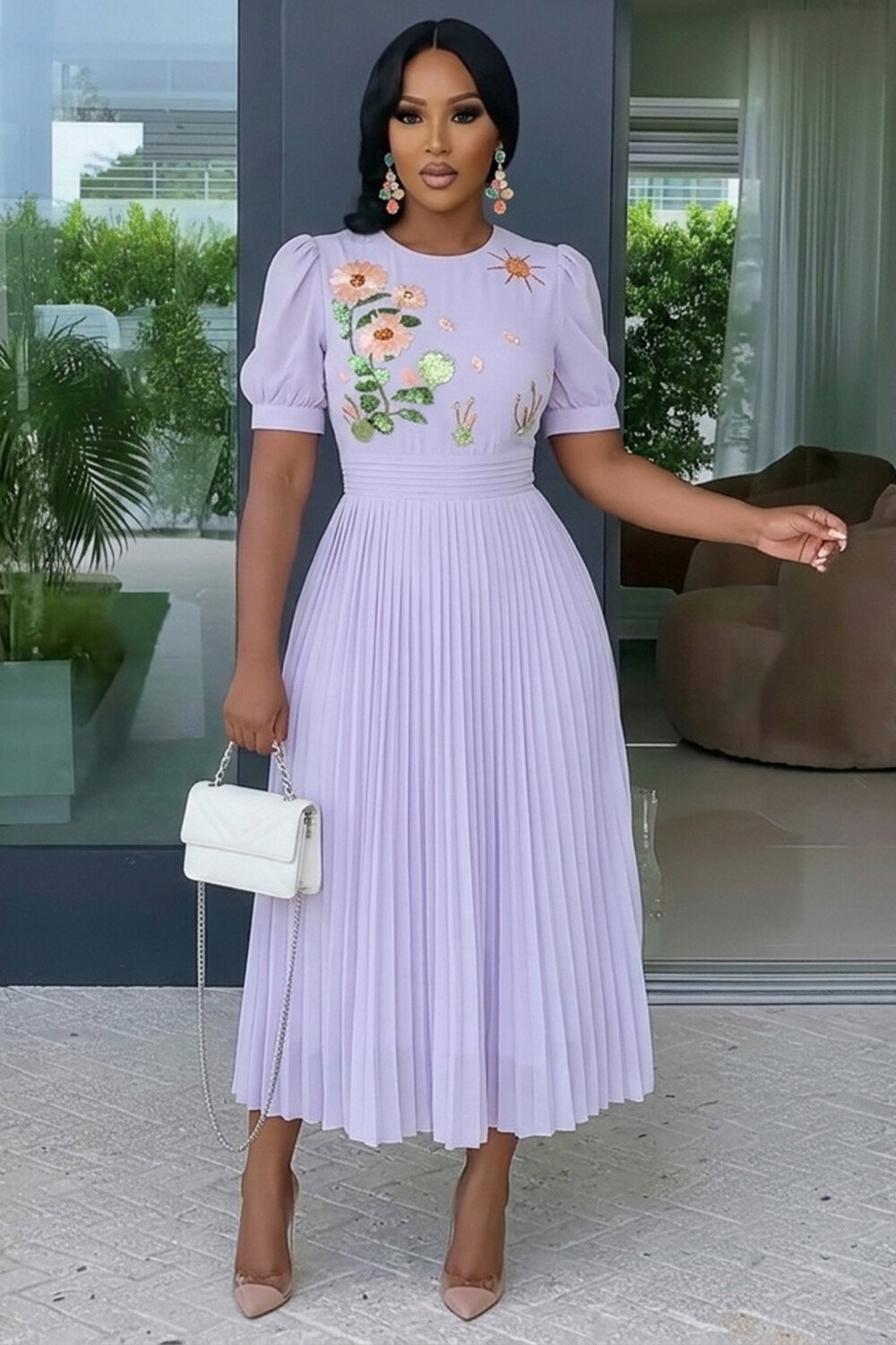 Round Neck Puff Sleeve Floral Pleated Casual Maxi Dresses-Purple [Pre Order]