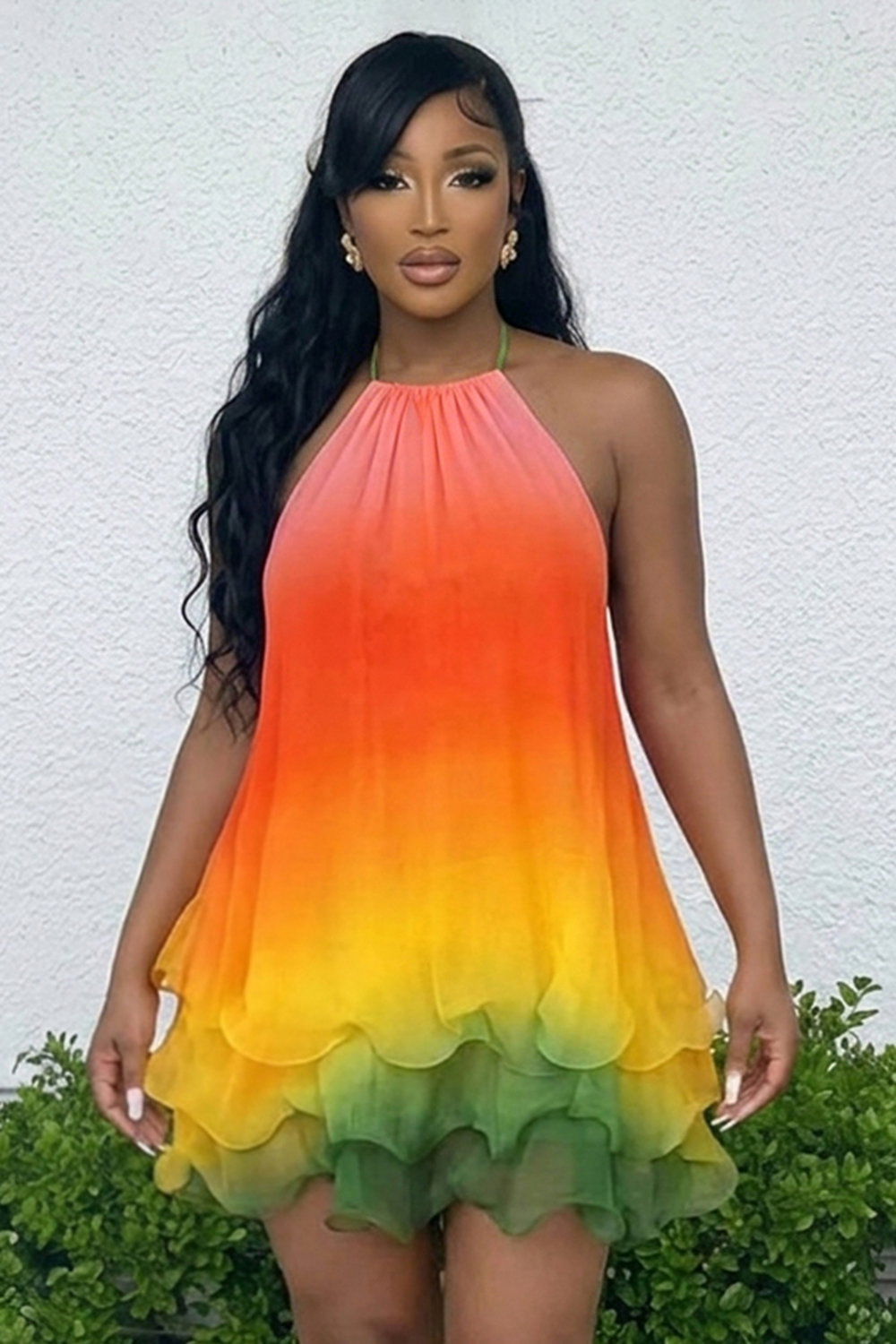 Halter Gradient Color Ruffle Vacation Mini Dresses-Multicolor [Pre Order]