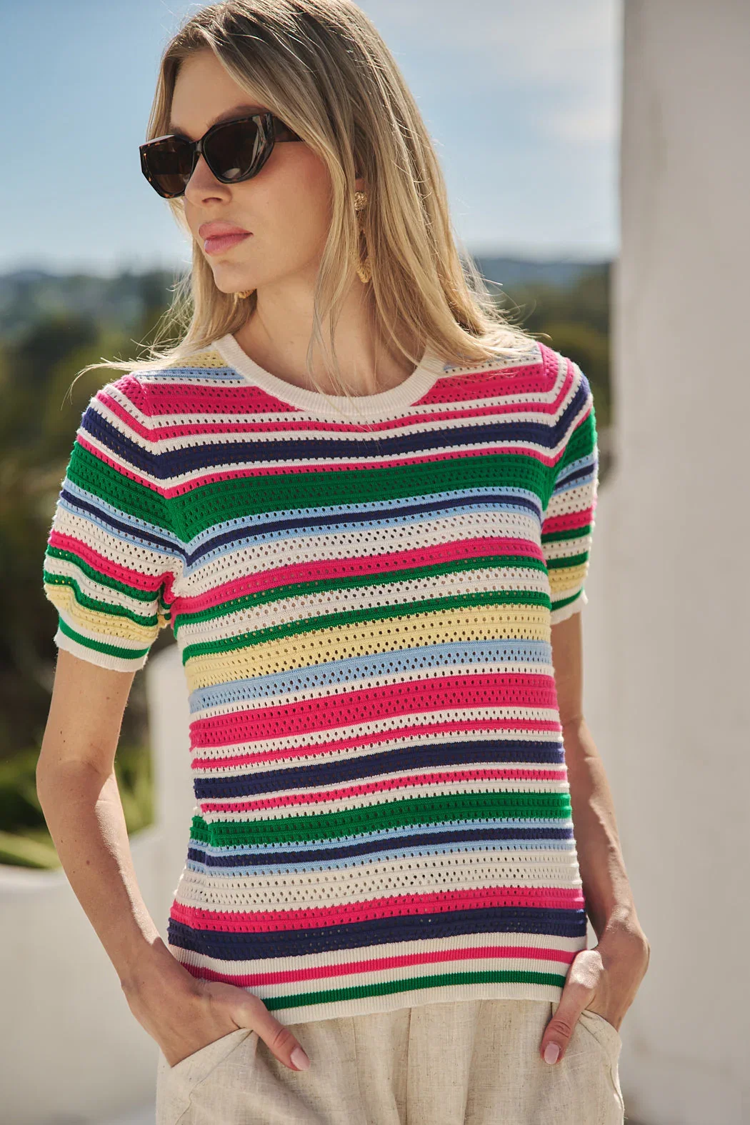 Image of Linzia Stripe Crochet Sweater Top