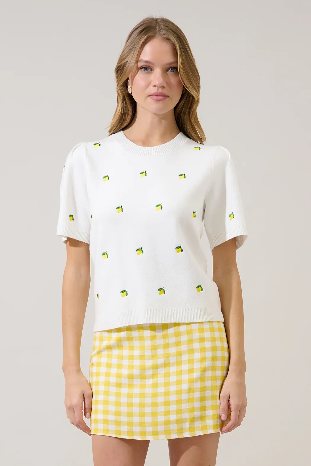 Image of Lemon Embroidered Short Sleeve Sweater