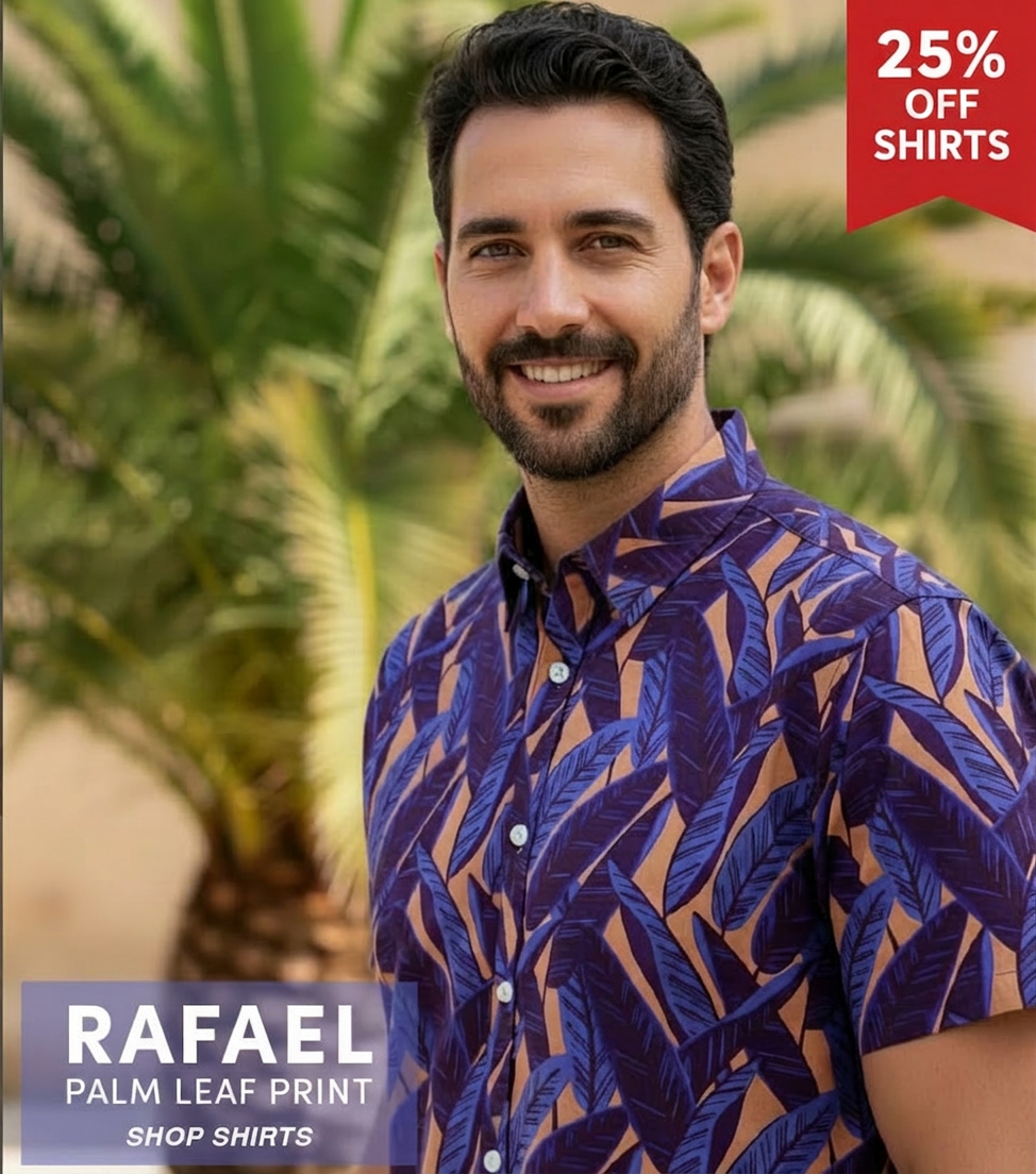 Man in a purple palm leaf print shirt with a "25% OFF SHIRTS" banner.