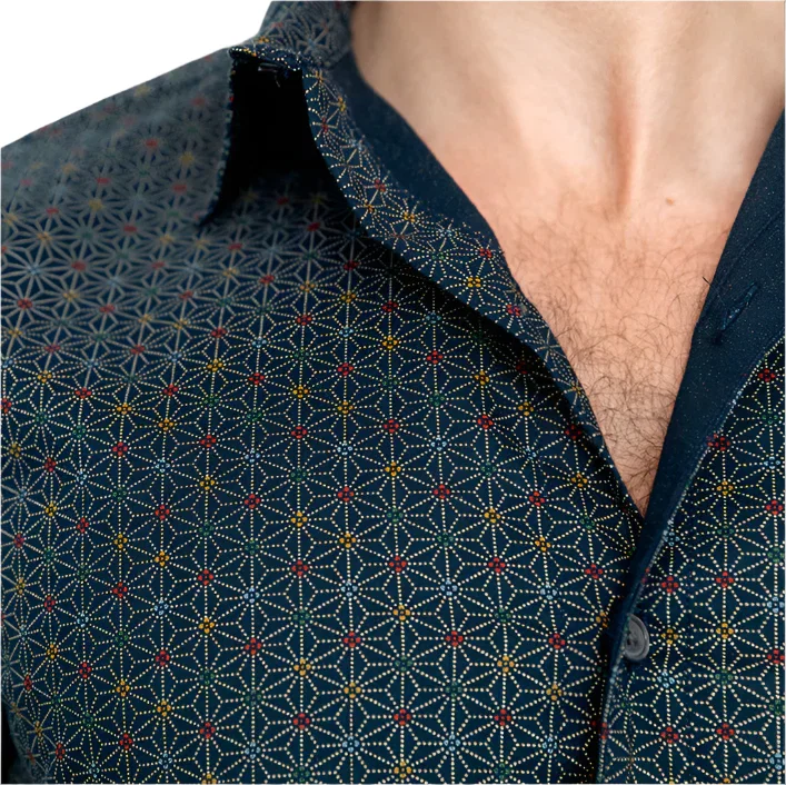 Image of MICHAEL Short Sleeve Shirt in Navy Blue Japanese Geometric Floral Print