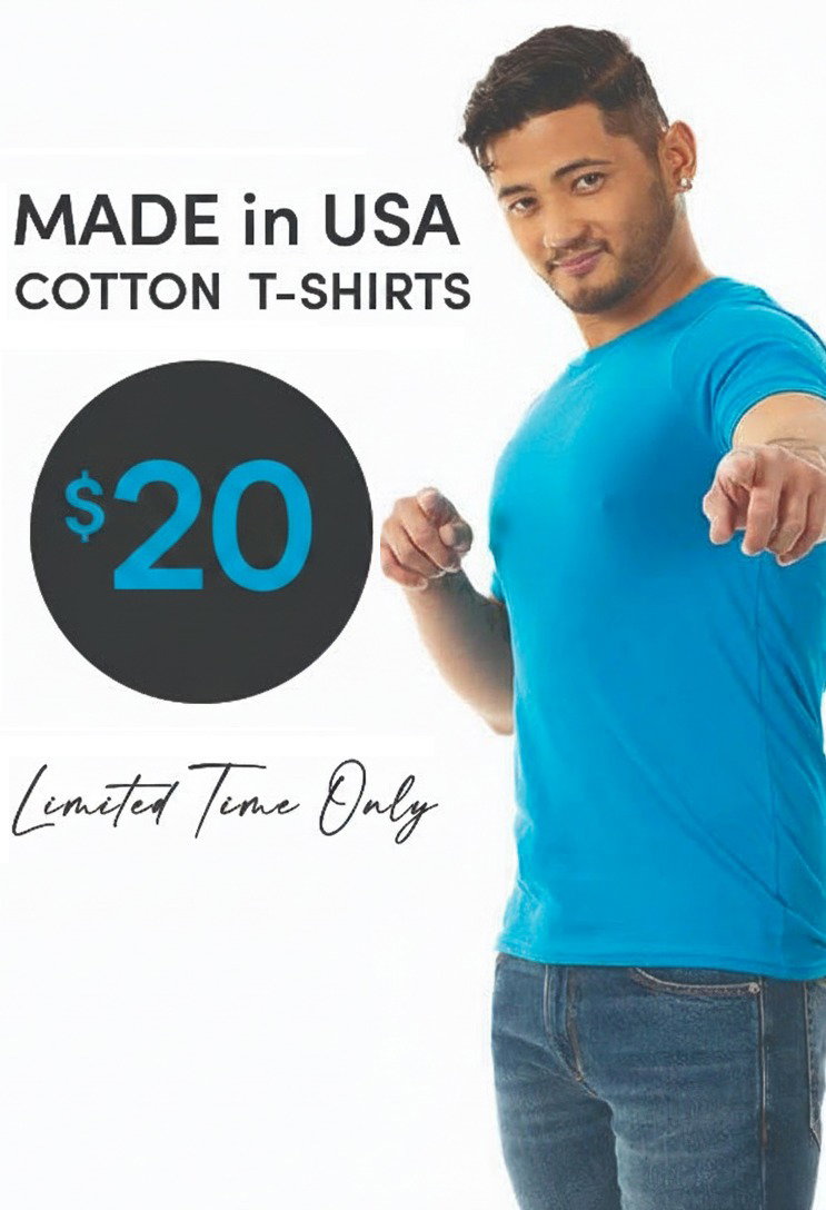 Man in blue t-shirt points to text advertising USA-made cotton t-shirts for $20, limited time.