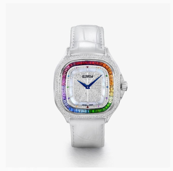 39MM Swiss Made Stainless Steel Watch with Diamonds and Rainbow Sapphires