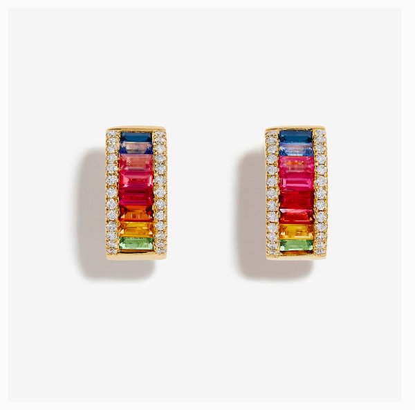 Watercolors 14K Yellow Gold Multi Sapphire and Diamond Small Hoop Earrings