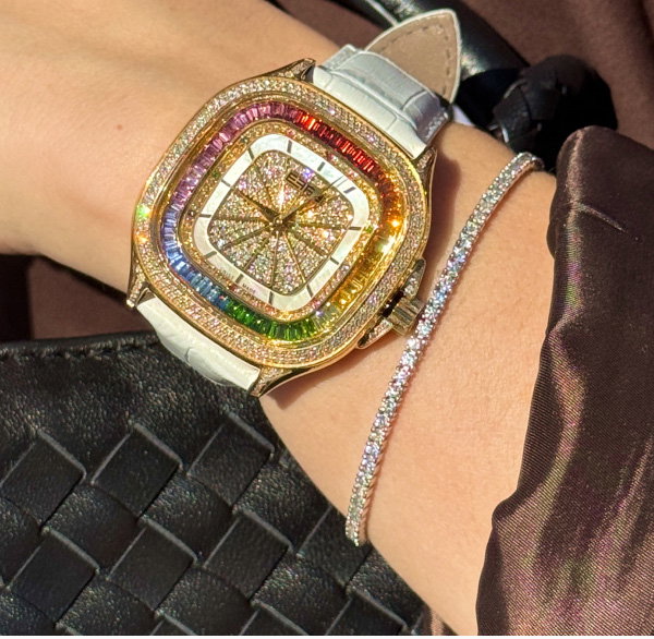 39MM Swiss Made Stainless Steel Watch with Diamonds and Rainbow Sapphires