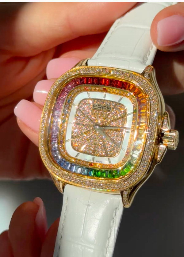 39MM Swiss Made Stainless Steel Watch with Diamonds and Rainbow Sapphires