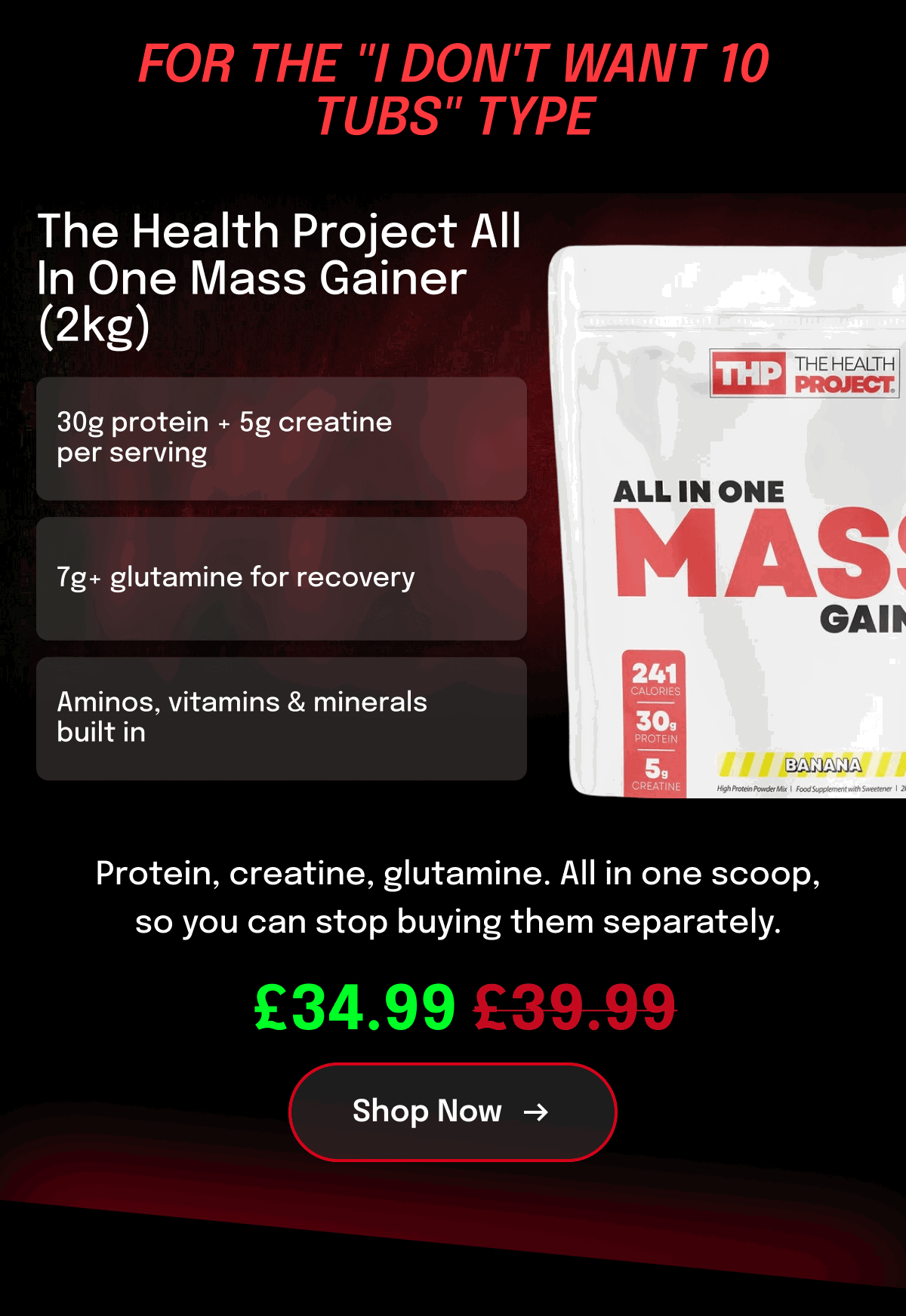 The Health Project All In One Mass Gainer (2kg) with protein, creatine, and glutamine details.