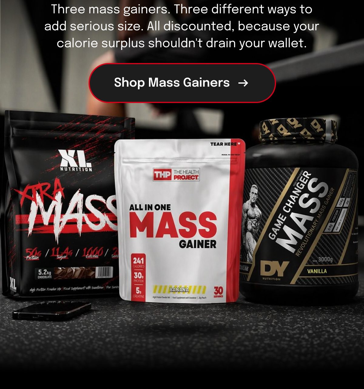 Three mass gainers displayed with text about calorie surplus and budget.