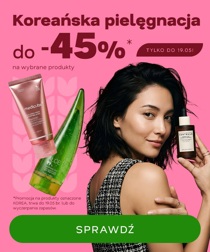 Korean skincare sale up to 45% off; woman holding serum beside aloe gel and cream on pink background with green 'SPRAWDŹ' button