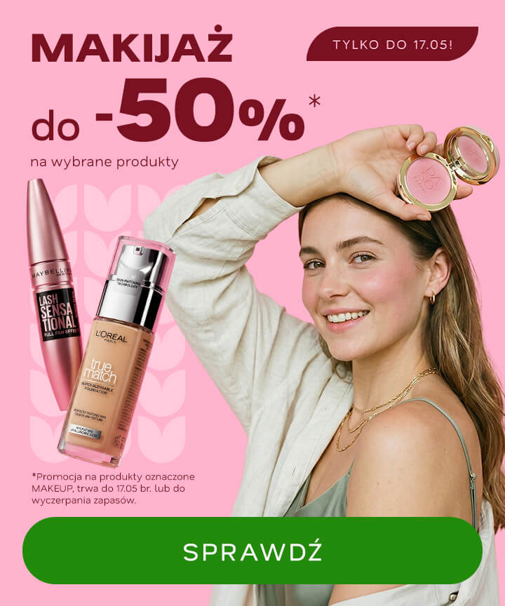 Smiling woman holding blush compact beside mascara and foundation bottles with make-up sale banner 'up to 50% off' promotional graphic