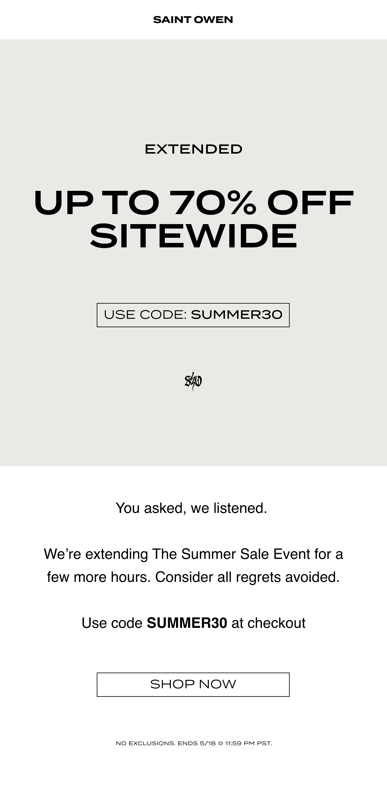 The summer sale event is extended. Use code summer30 at checkout.