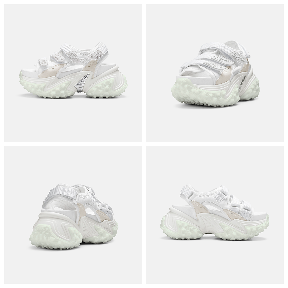 Product image grid showing chunky white platform sandals from multiple angles on a light background.
