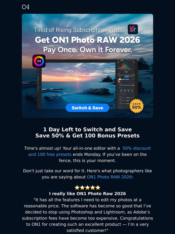 24 hours left: Save 50% + get 100 free presets.