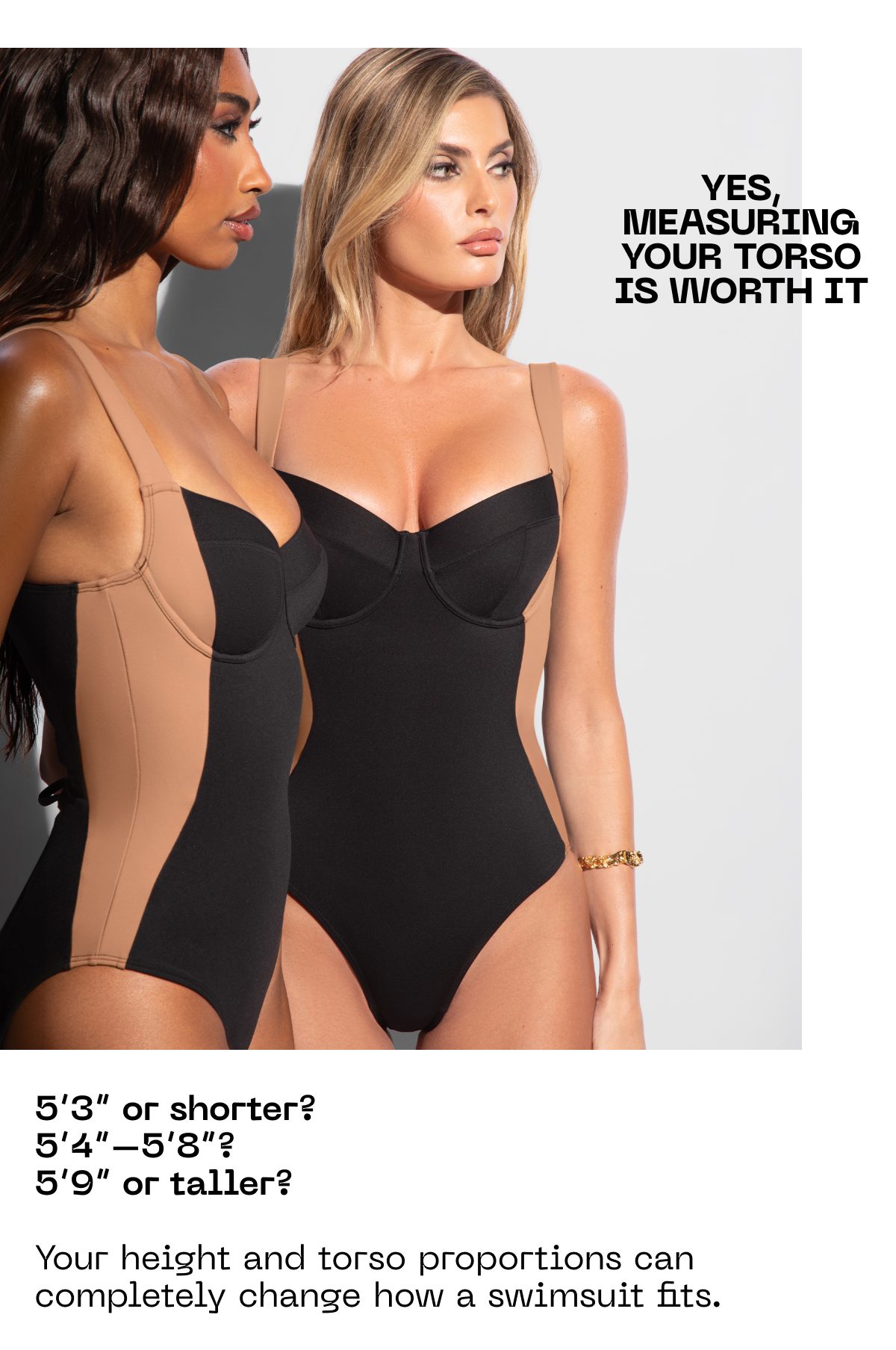 Swimsuit fitting guide with torso measurement options and model images.