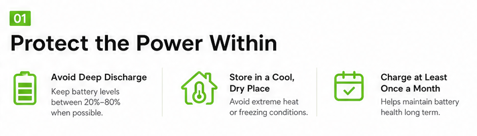 Protect the Power Within: Avoid Deep Discharge; Store in a Cool, Dry Place; Charge at Least Once a Month