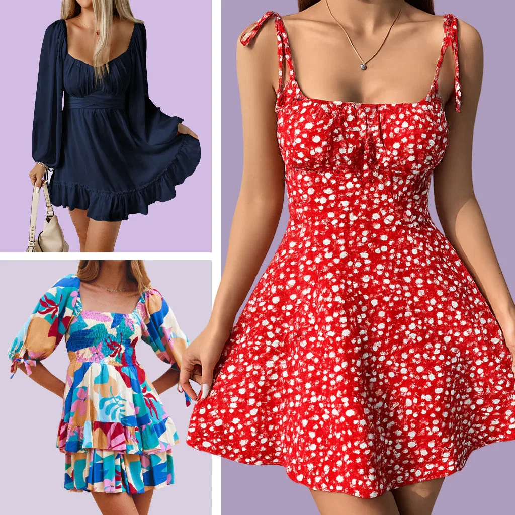 Three mini dresses displayed: navy long-sleeve wrap dress, red floral fit-and-flare dress, and colorful tropical print tiered dress.