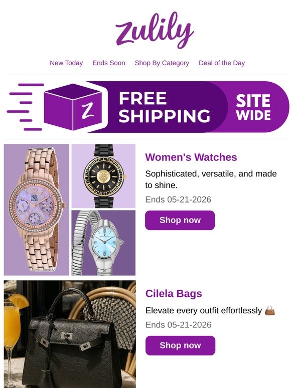 Watches, bags & shorts -- free shipping on every order 💜