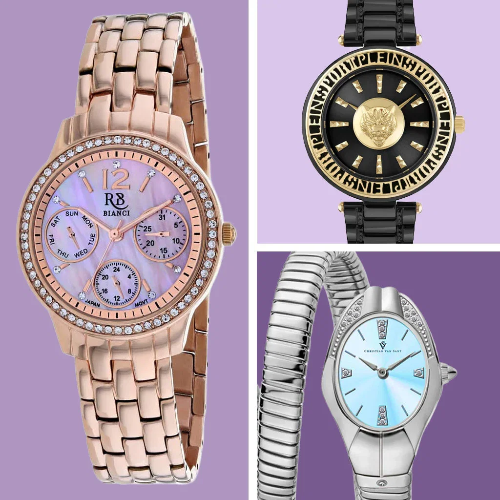 Three elegant women's watches displayed against purple background: rose gold multi-dial chronograph, black and gold statement watch, and silver with light blue face.