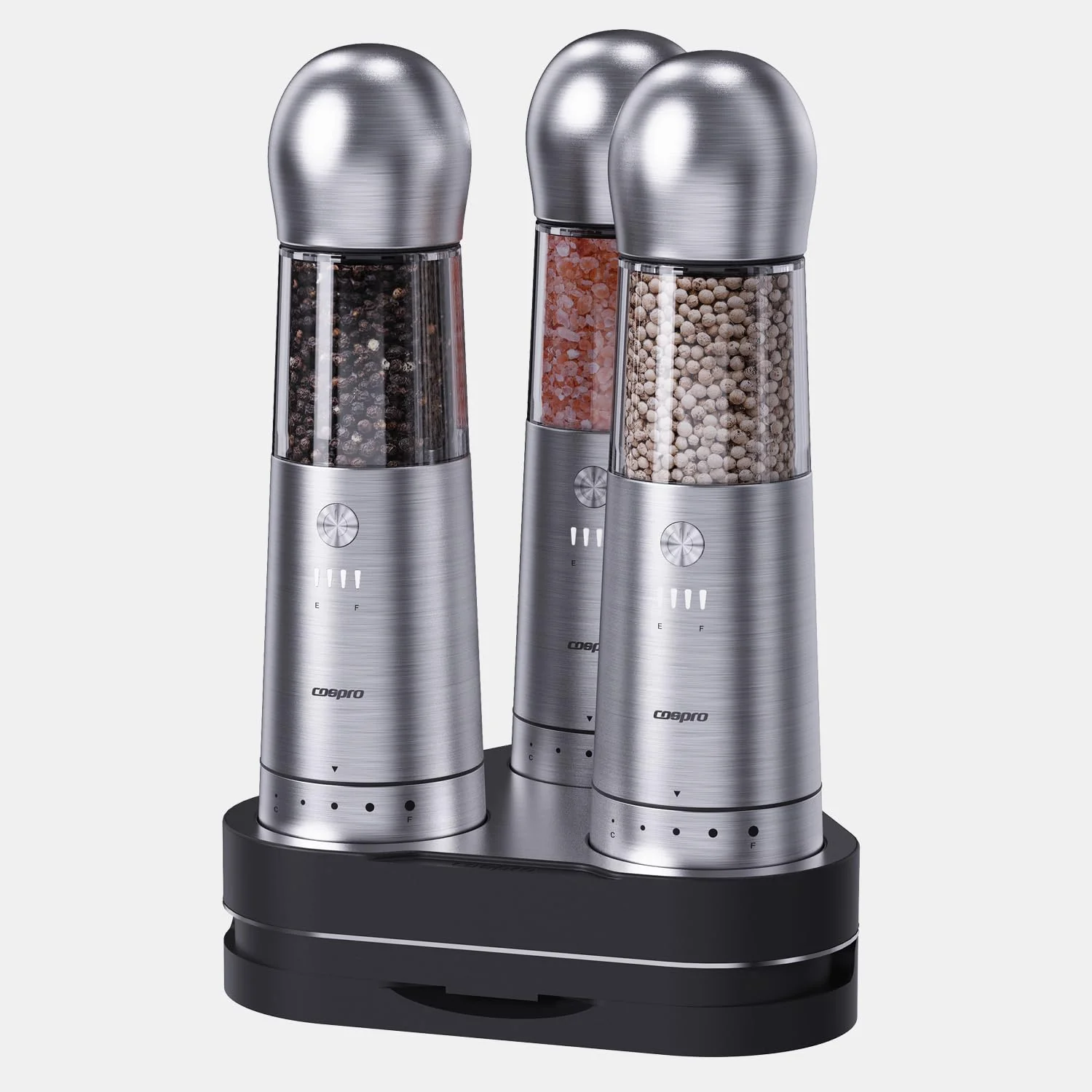 Image of COSPRO Electric Salt and Pepper Grinder Set of 3 with Wireless Charging Base | Rechargeable Automatic Pepper Mill | Stainless Steel | One-Hand Use | Adjustable Coarseness | Easy Clean | Kitchen Gift