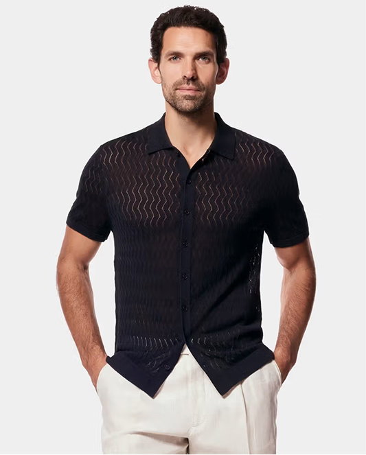 Midnight Navy Button Through Zig Zag Stitch Polo Shirt
