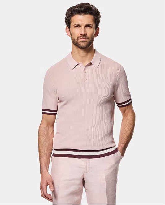 Pink Tipped Textured Rib Knitted Polo Shirt