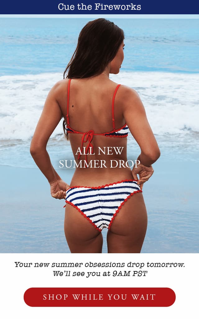 All new drop coming tomorrow at 9am PST. Woman wearing a striped bikini. 