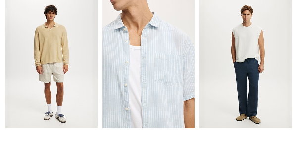 Three men wearing casual cotton apparel and basics