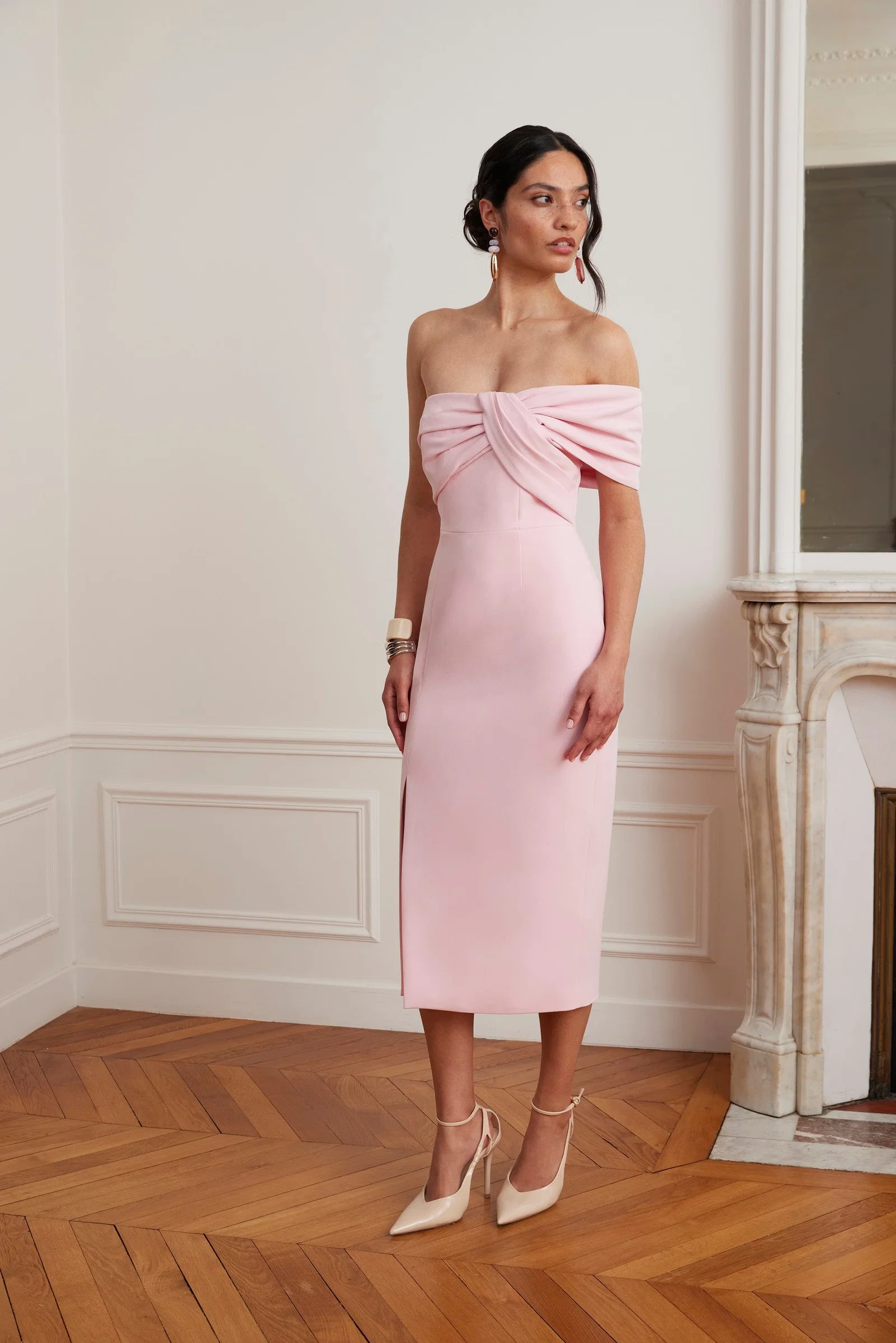 Image of KARINA Off Shoulder Midi Dress In Pink