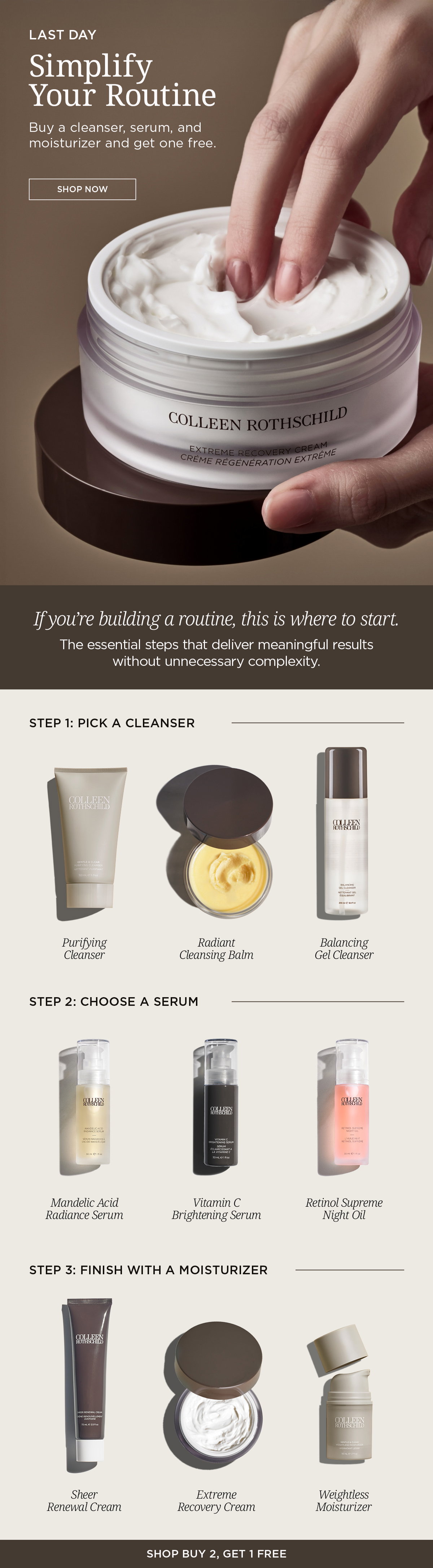 Last day skincare routine email from Colleen Rothschild Beauty promoting a Buy 2, Get 1 Free skincare offer focused on simplifying routines with clinically inspired essentials that deliver visible results without unnecessary complexity, featuring a customizable 3-step system including cleansers like Purifying Cleanser for deep cleansing, Radiant Cleansing Balm for nourishing makeup removal, and Balancing Gel Cleanser for refreshed balanced skin, targeted treatment serums including Mandelic Acid Radiance Serum for smoother brighter skin, Vitamin C Brightening Serum for dark spots and antioxidant protection, and Retinol Supreme Night Oil for fine lines and overnight renewal, plus moisturizers like Sheer Renewal Cream for lightweight hydration, Extreme Recovery Cream for intense moisture and barrier support, and Weightless Moisturizer for balanced hydration on blemish-prone or combination skin, all positioned as essential skincare staples designed to help users build an effective streamlined routine with cleanser, serum, and moisturizer combinations while receiving one product free during a limited-time skincare sale